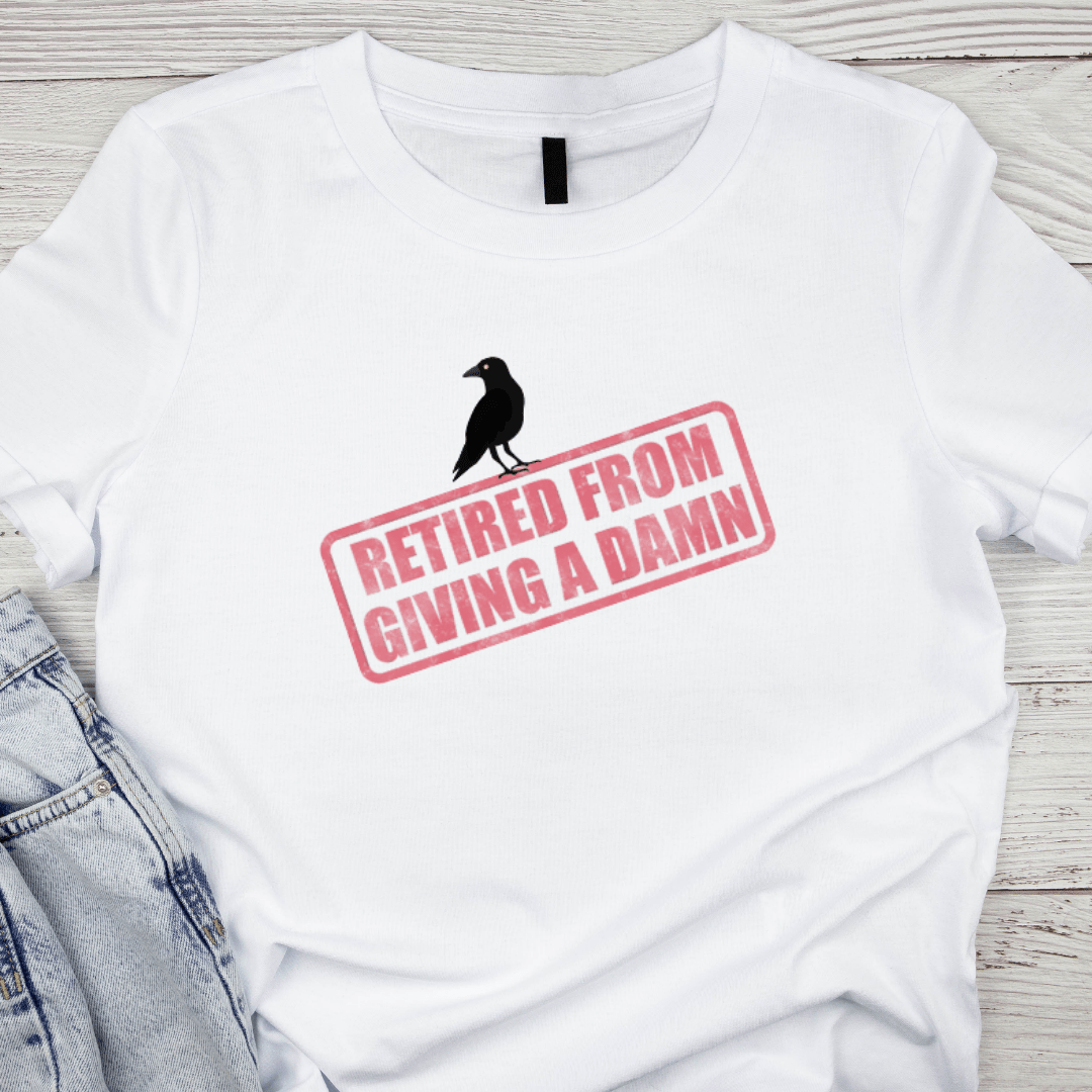 Retired From Giving a Damn Red Stamp with Black Crow T-Shirt – Bold Graphic Tee - Splash of Charm