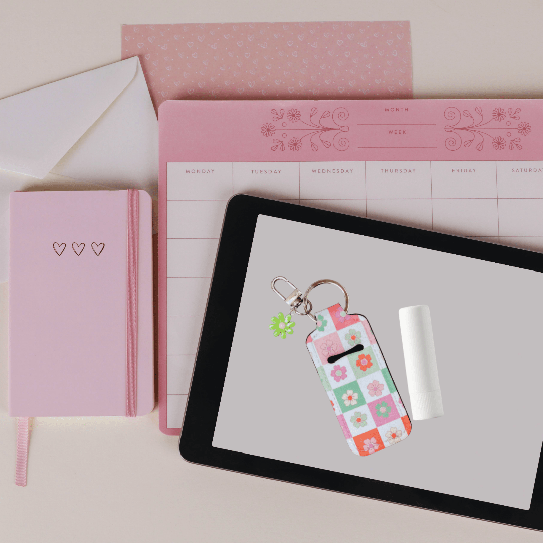 Retro Flower & Checkers Lip Balm Purse Charm – Cute Keychain Holder - Splash of Charm