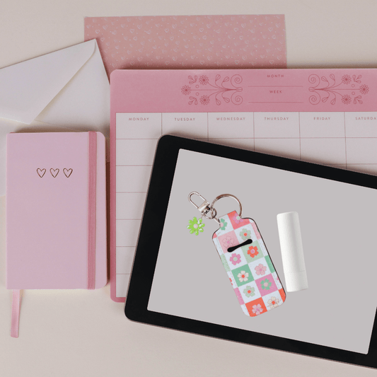 Retro Flower & Checkers Lip Balm Purse Charm – Cute Keychain Holder - Splash of Charm