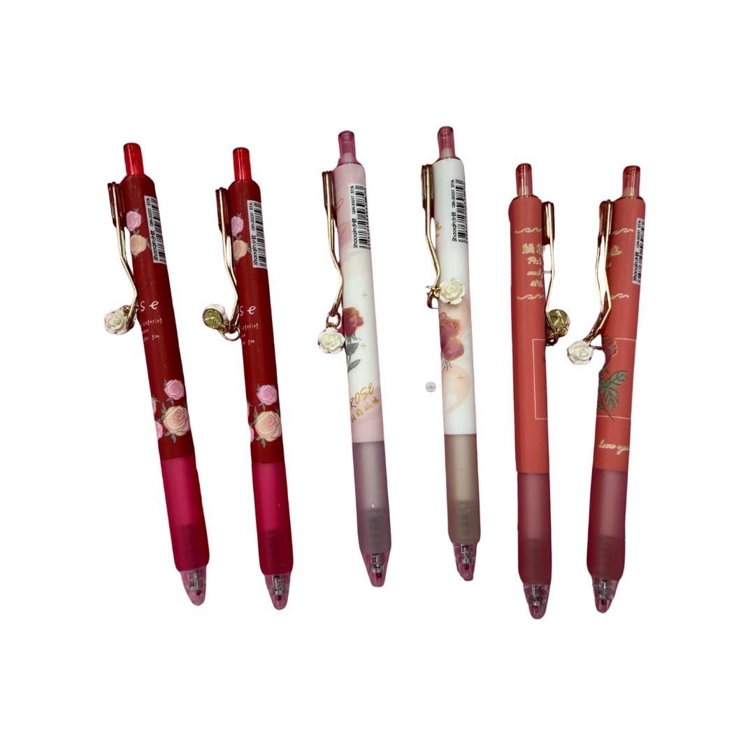 Rose Charm Gel Pens – Cute Aesthetic Writing Pens with Gold Charm Detail - Splash of Charm