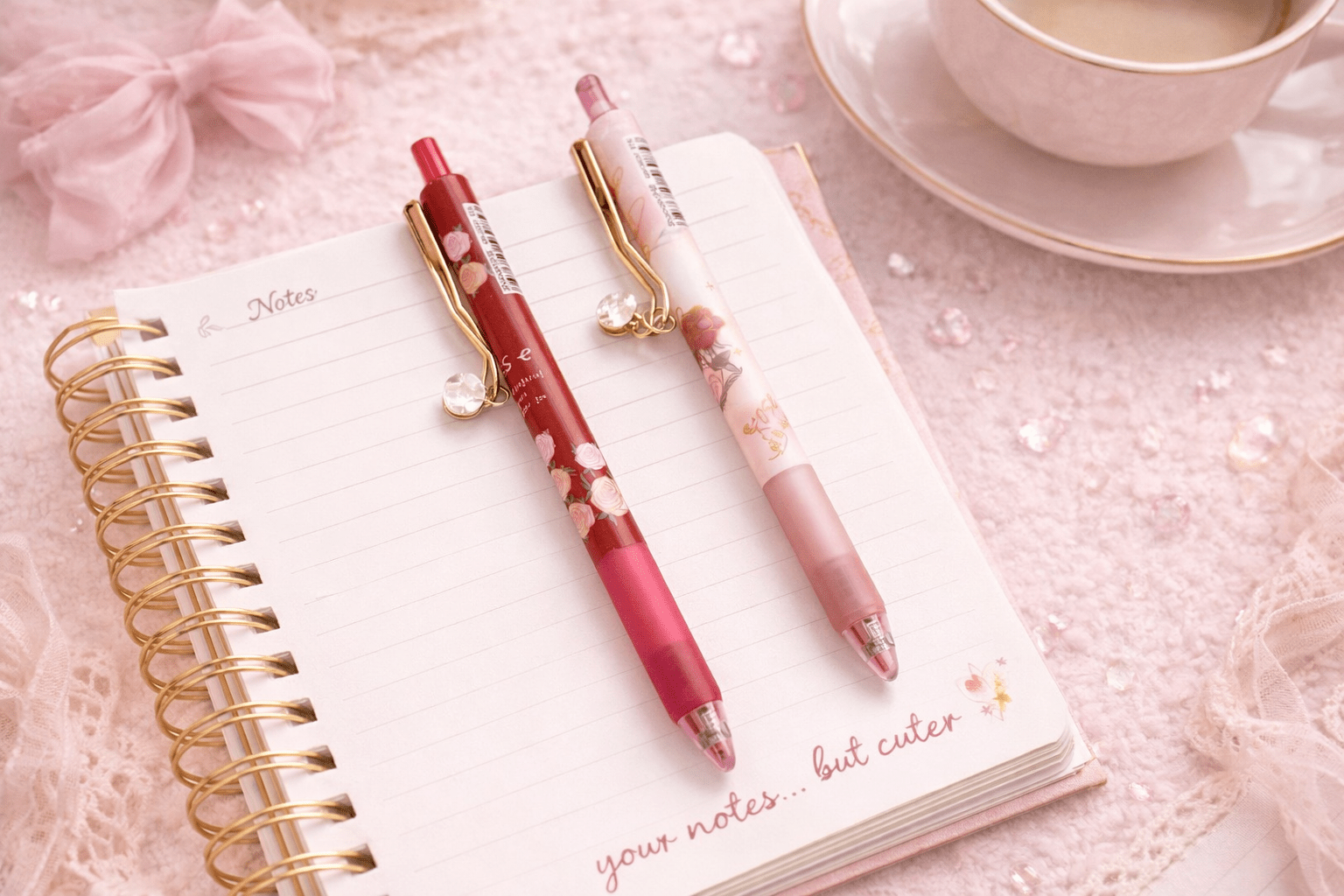 Rose Charm Gel Pens – Cute Aesthetic Writing Pens with Gold Charm Detail - Splash of Charm