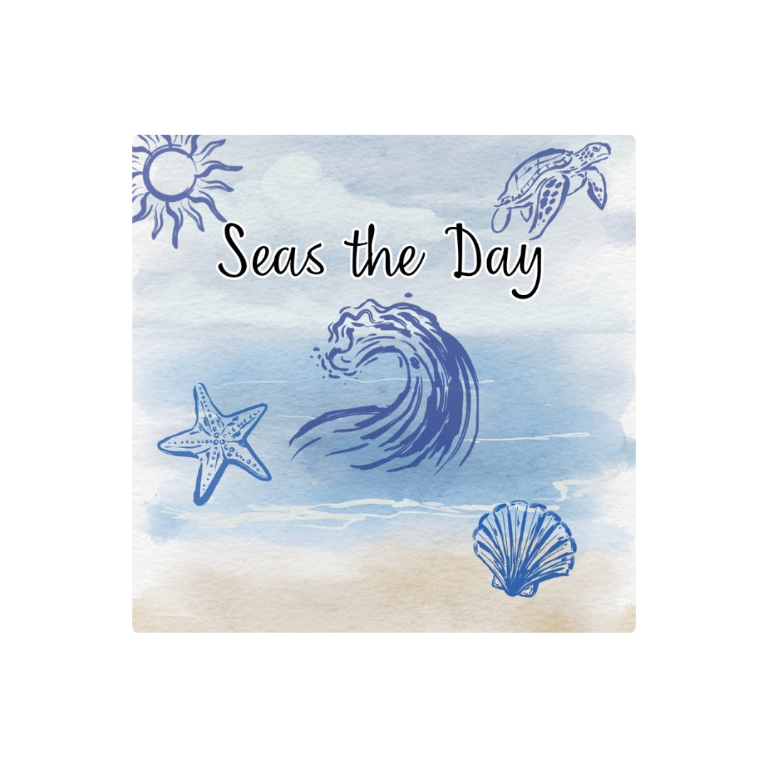 Seas the Day watercolor beach design featuring a wave, sea turtle, starfish, seashell, and sunshine on a canvas tote.