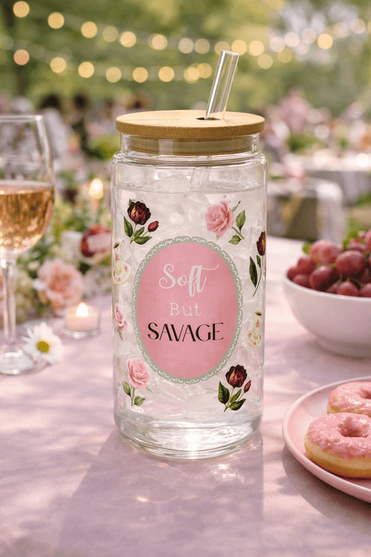 Soft but Savage Red and Pink Rose Beer Can Glass Tumbler – Floral Iced Coffee Cup - Splash of Charm