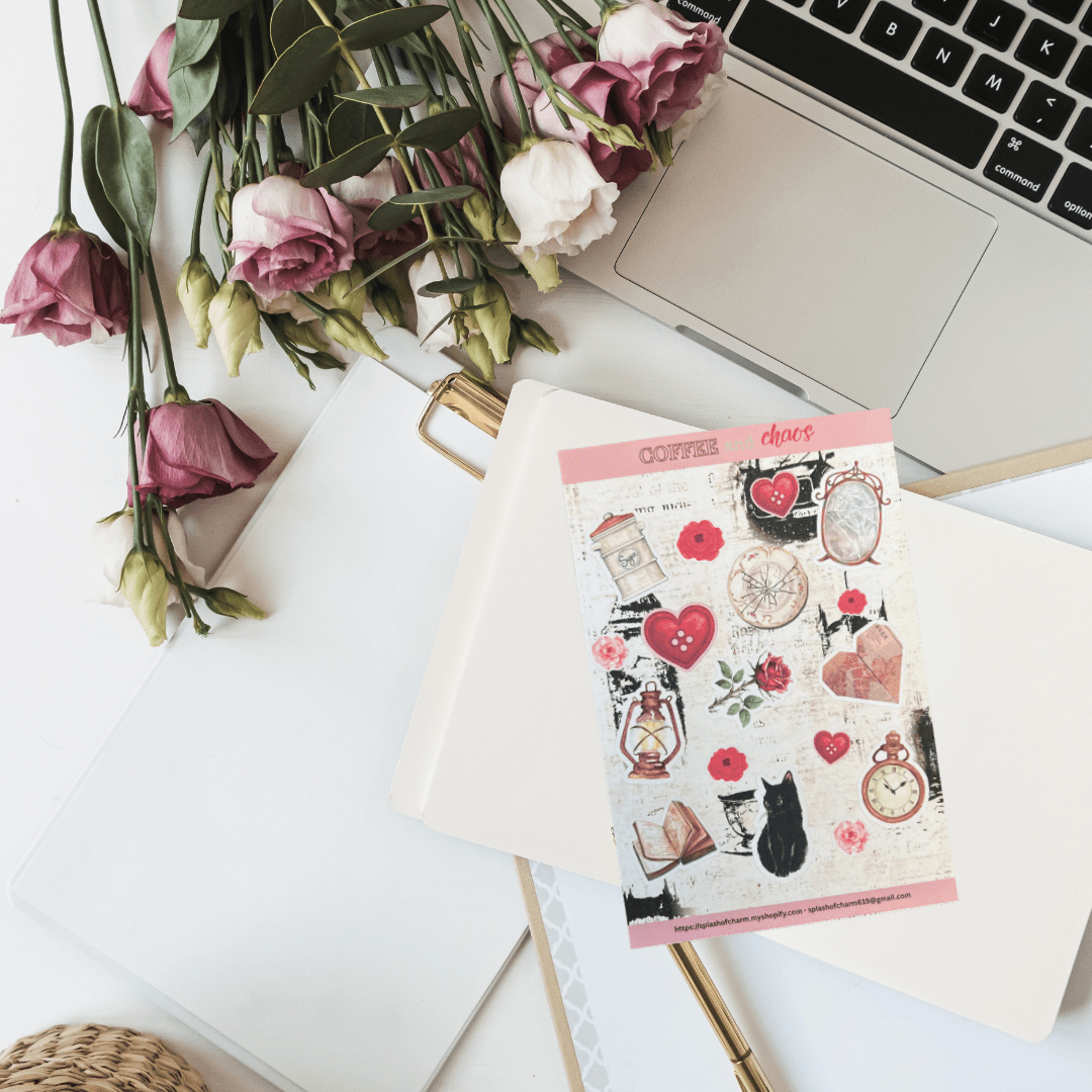 Soft Life Essentials 4x6 sticker sheet featuring books, florals, cozy drinks, and lifestyle-inspired illustrations for planners and journals.