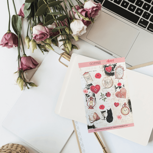 Soft Life Essentials 4x6 sticker sheet featuring books, florals, cozy drinks, and lifestyle-inspired illustrations for planners and journals.