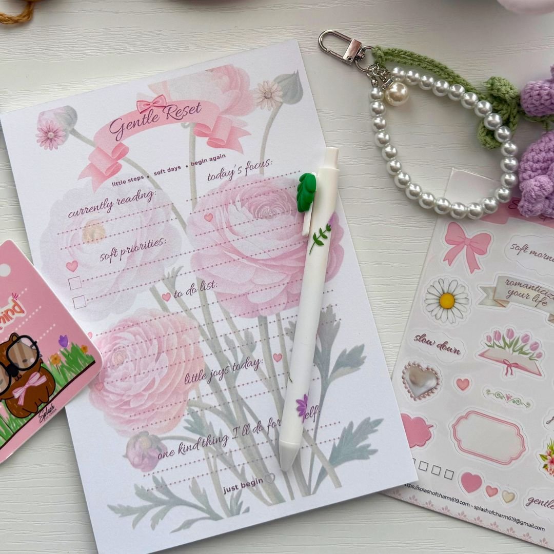 Soft Life Reset Bundle featuring calming stationery, floral accessories, and cozy self-care aesthetic