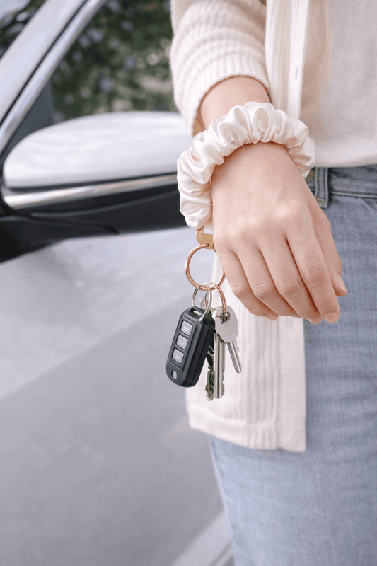 Soft Life Scrunchie Wristlet Keychain – Satin Key Ring Accessory - Splash of Charm