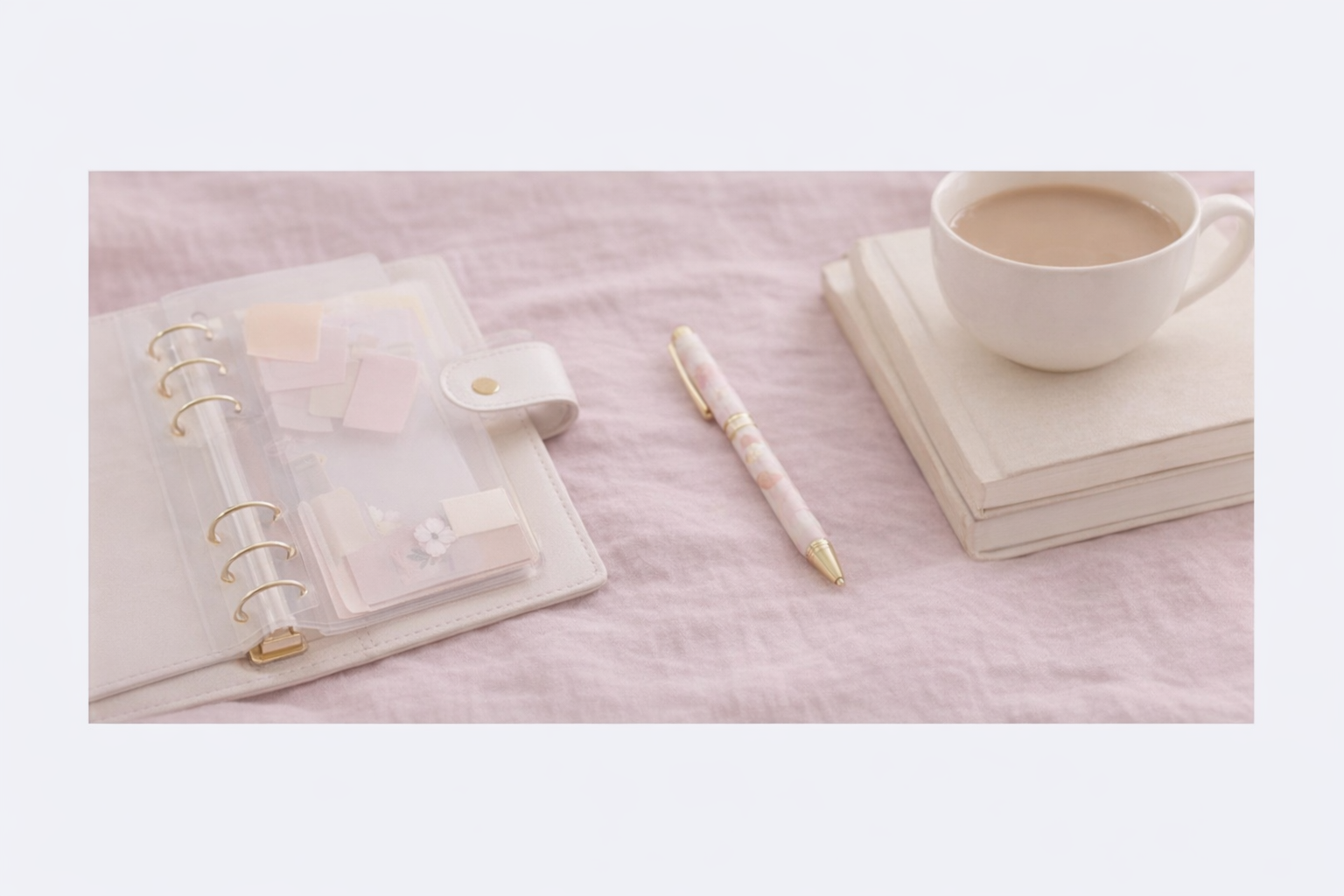 Soft life aesthetic workspace featuring a budget binder, pastel pen, books, and coffee on a cozy pink background