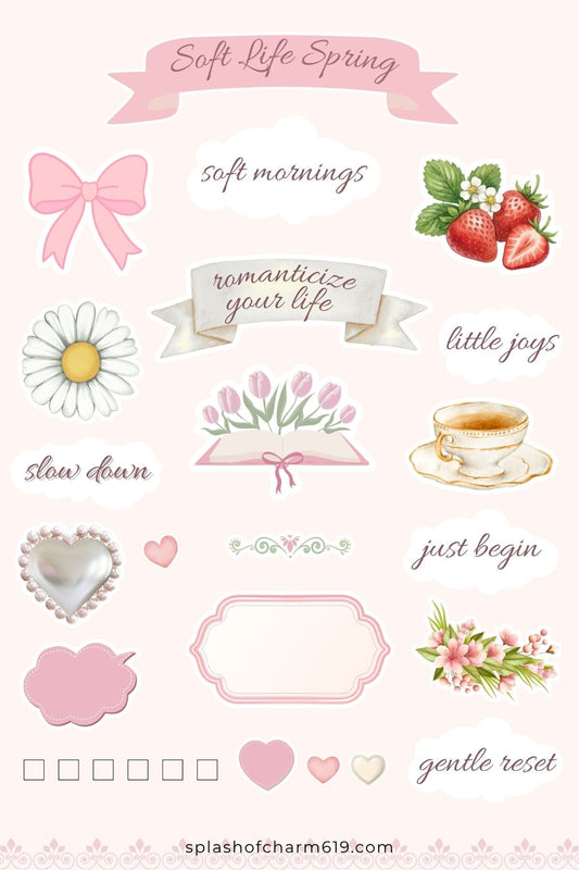 Soft Life Spring Sticker Sheet | Coquette Aesthetic Planner Stickers - Splash of Charm