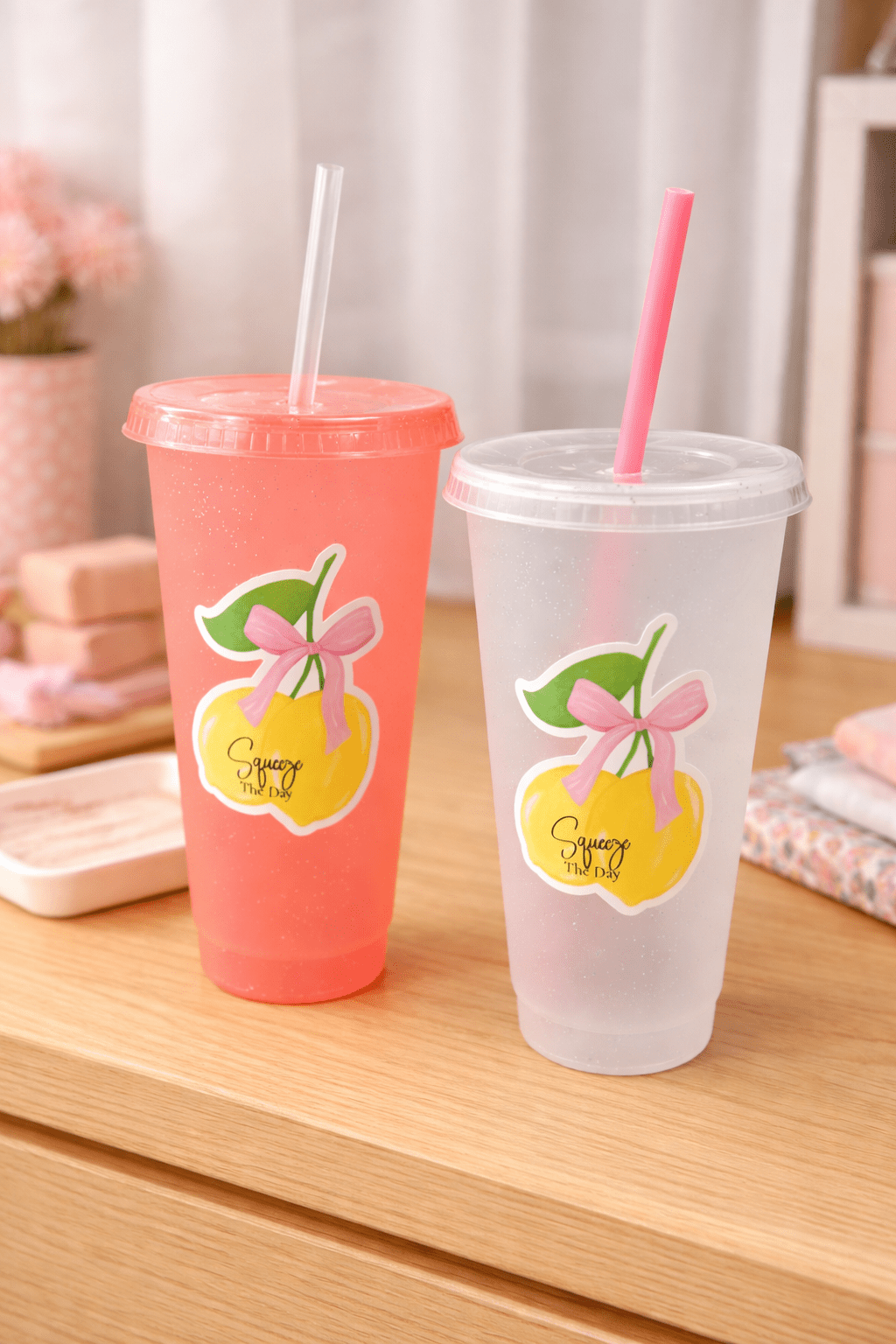 Squeeze the Day Lemon Cold Cup – Pink & Clear Glitter Variants - Splash of Charm
