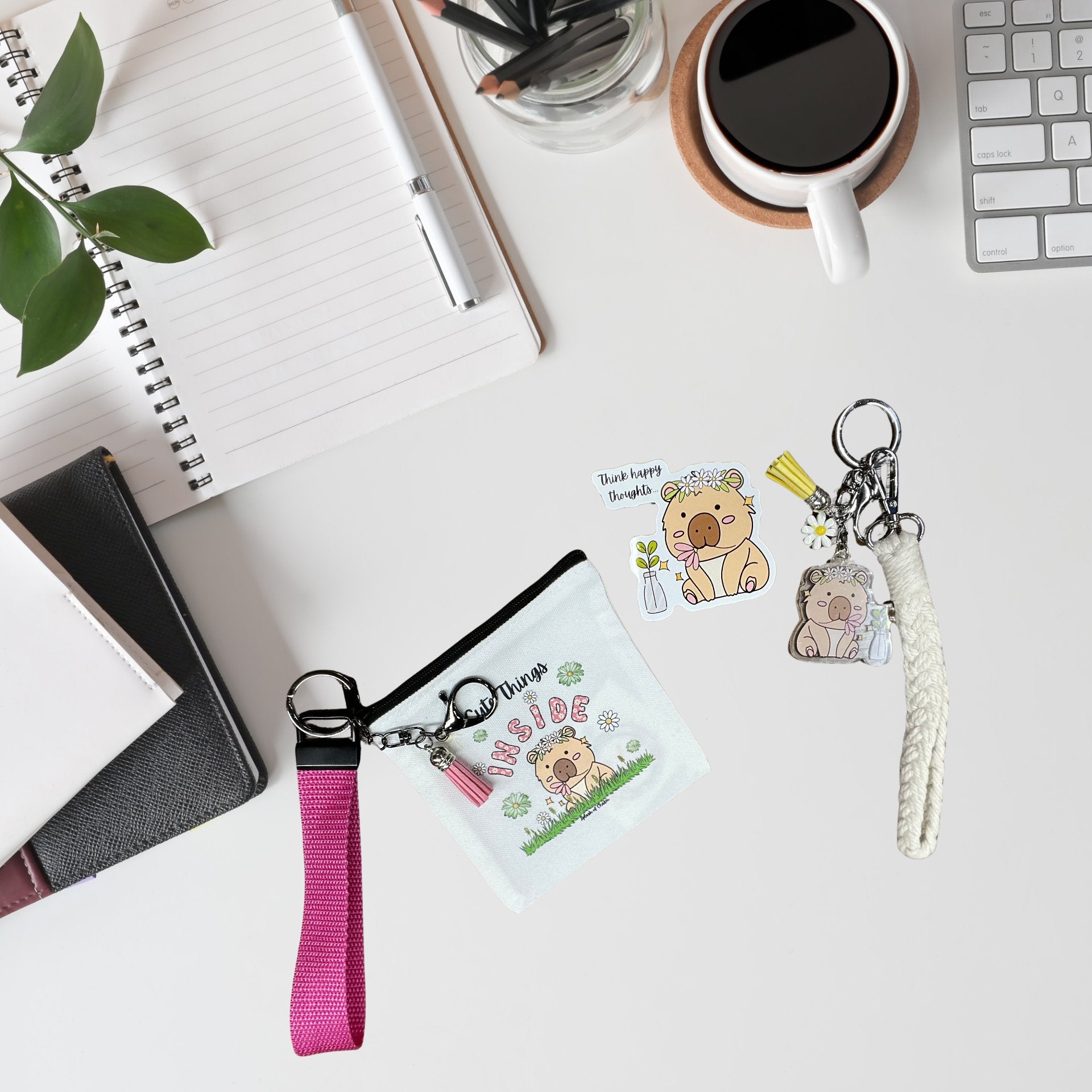 Tiny Treasures Bundle – Mini Wristlet, Sticker & Keychain, Hippie the Capybara - Splash of Charm