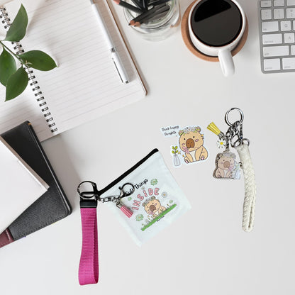 Tiny Treasures Bundle – Mini Wristlet, Sticker & Keychain, Hippie the Capybara - Splash of Charm
