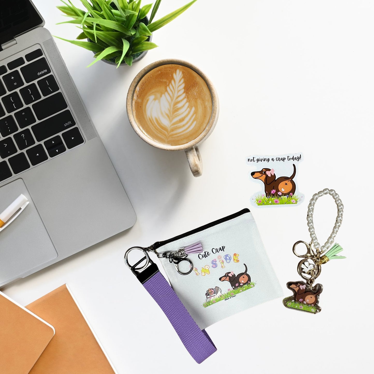 Tiny Treasures Bundle – Mini Wristlet, Sticker & Keychain, Bean the Weenie Dog - Splash of Charm