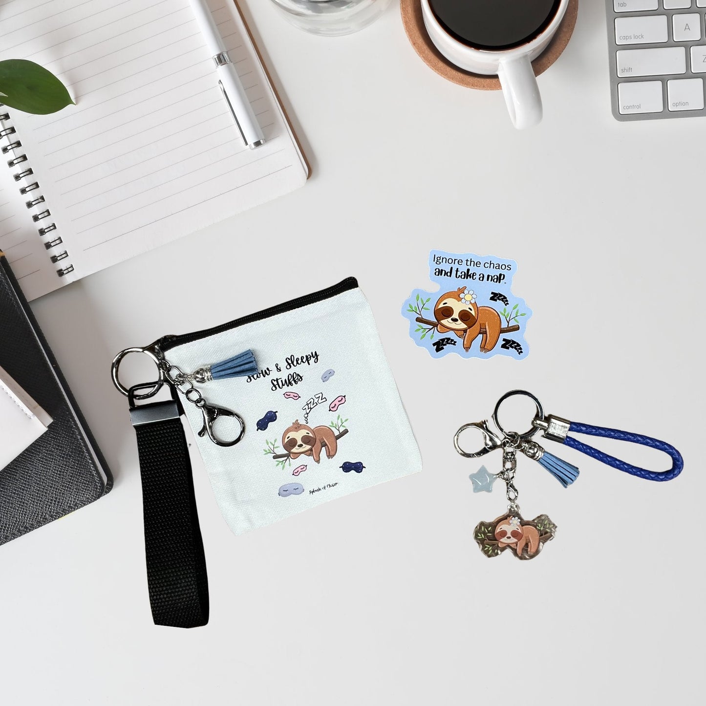 Tiny Treasures Bundle – Mini Wristlet, Sticker & Keychain, Sleepy the Sloth - Splash of Charm