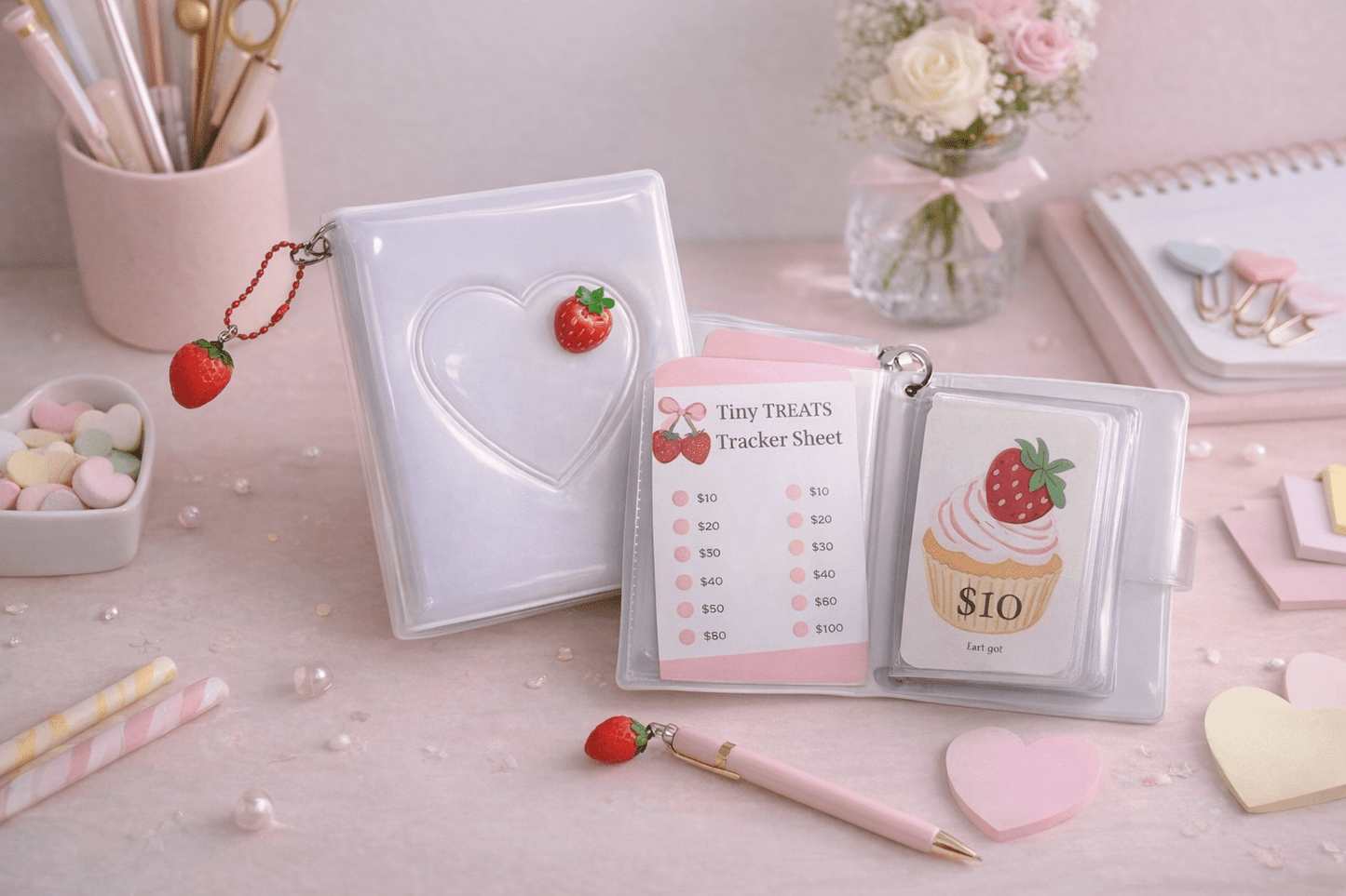 Tiny Treats $100 Savings Challenge Binder with Heart Strawberry Charm - Splash of Charm