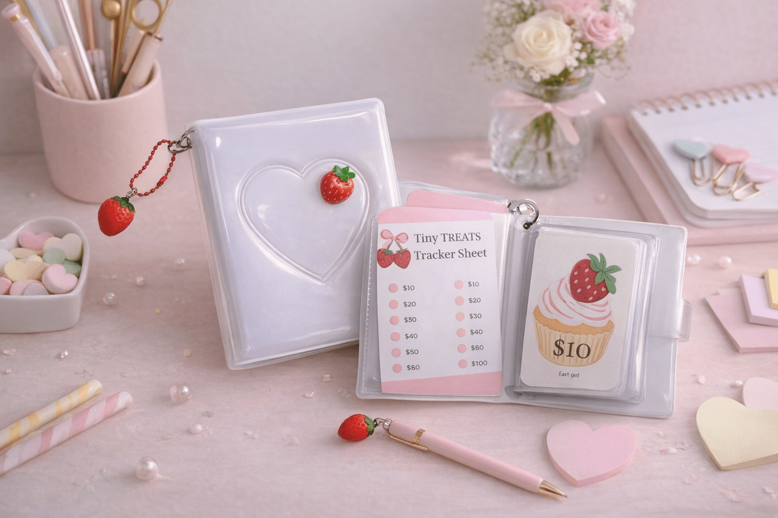 Tiny Treats $100 Savings Challenge Binder with Heart Strawberry Charm - Splash of Charm