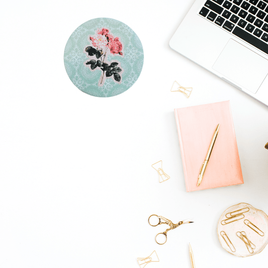 Vintage Green with Roses Desk Coaster – Elegant Floral Office Décor, Aesthetic Desk Accessory - Splash of Charm