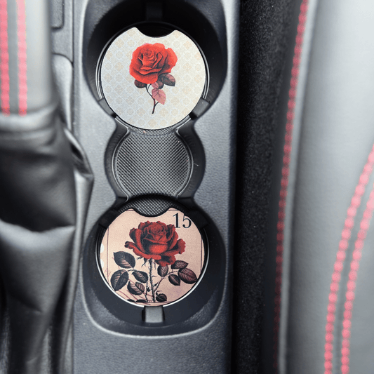 Vintage Vibe Vivid Red Rose Car Coaster Set | Floral Automotive Accessories & Interior Décor - Splash of Charm