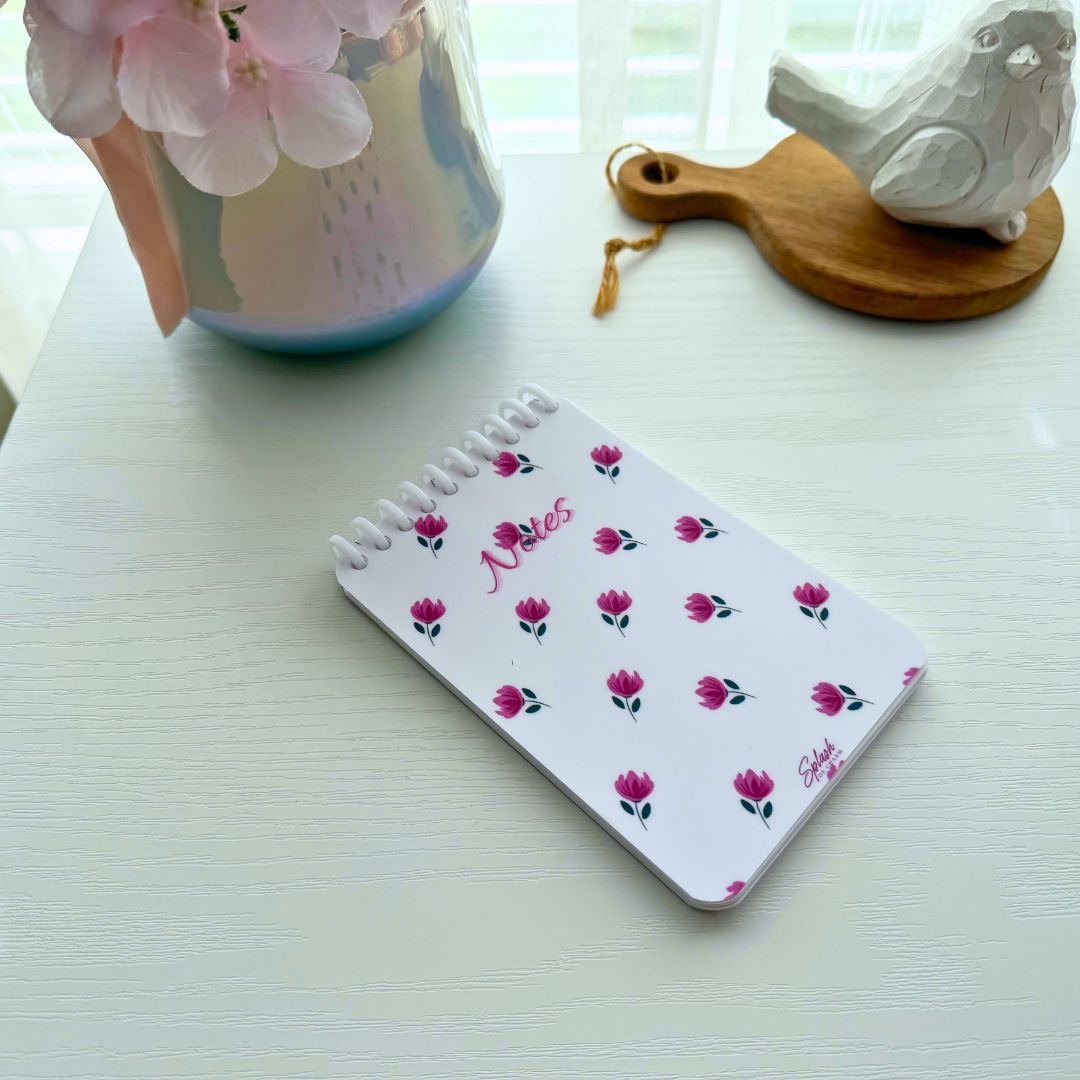 White Floral Notes Notepad – 4x6 Spiral Notebook, Minimal Cute Stationery, Soft Life Desk Notepad