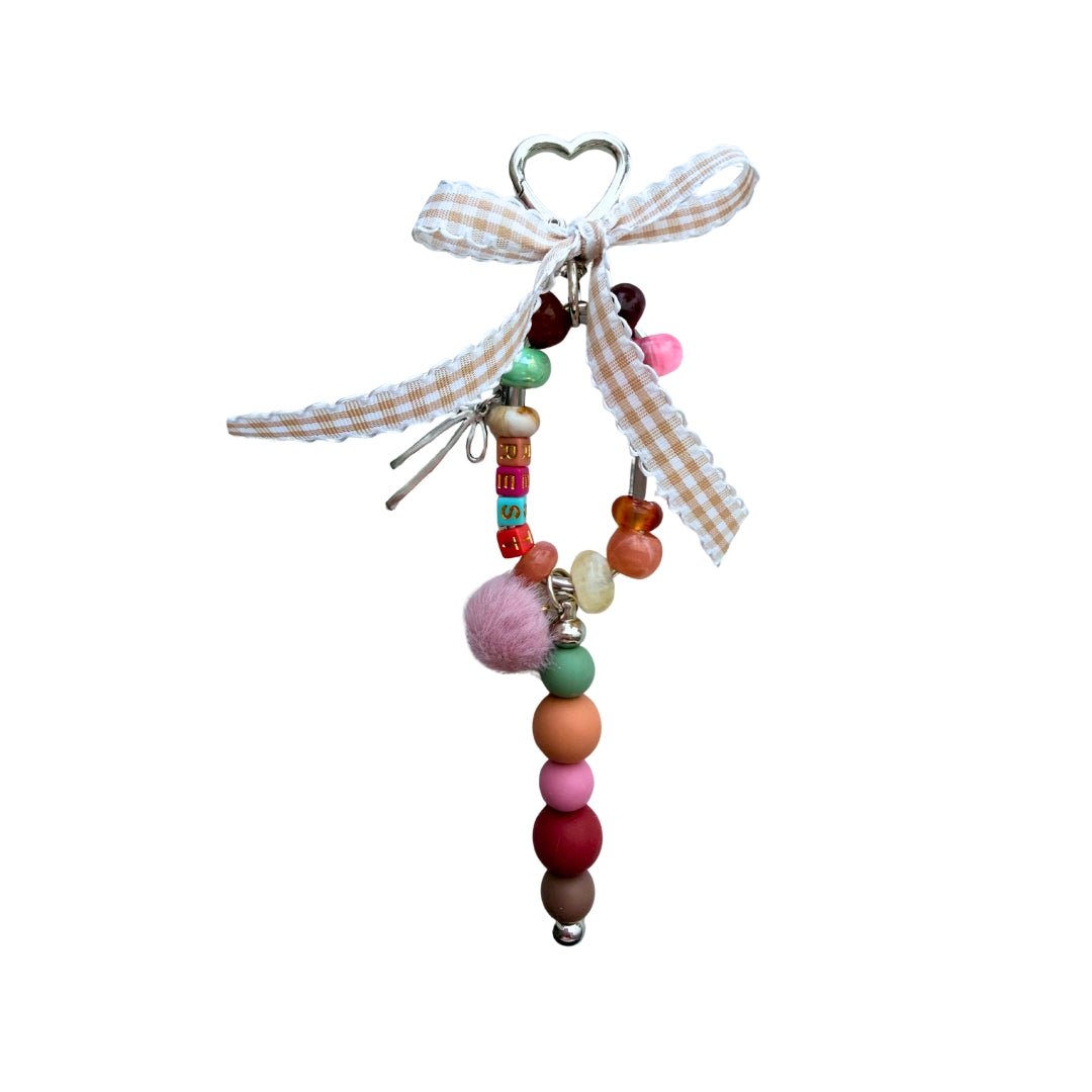 REST beaded bag charm with neutral gingham bow and colorful mixed beads