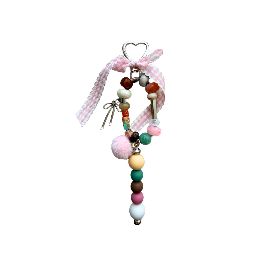 HOPE beaded bag charm with pink gingham bow and colorful mixed beads
