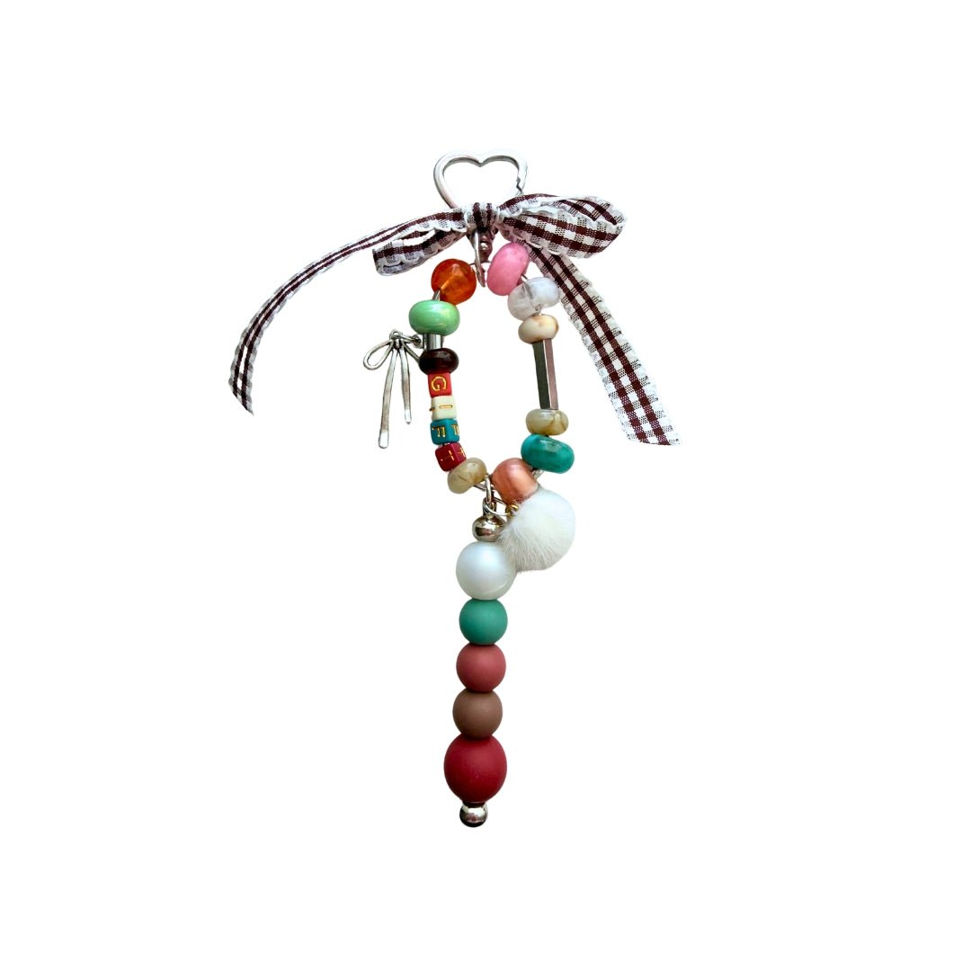 GIFT beaded bag charm with brown gingham bow and colorful mixed beads