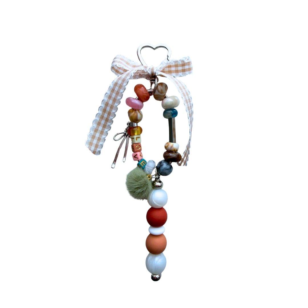 LOVE beaded bag charm with heart clasp, gingham bow and mixed beads